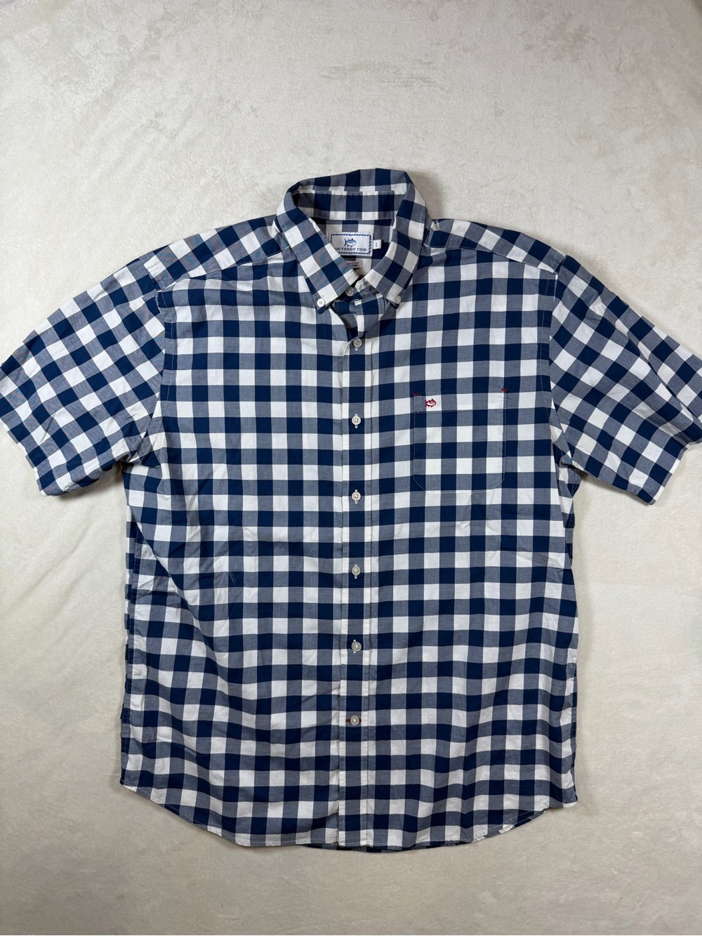 Southern Tide Size Large Blue & White Gingham Short-Sleeve Button-Down Shirt